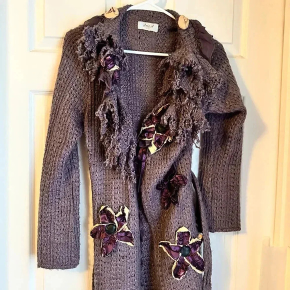 ANIA. A Women’s Vintage Knitted Duster Sweater Tie Y2K Boho Flowers Artsy - Picture 2 of 7